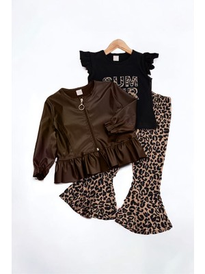 Miniğimin Cicileri Deri Ceketli Summer Leopar Pantolon 3 Lü Kız Çocuk Takım - Kahve