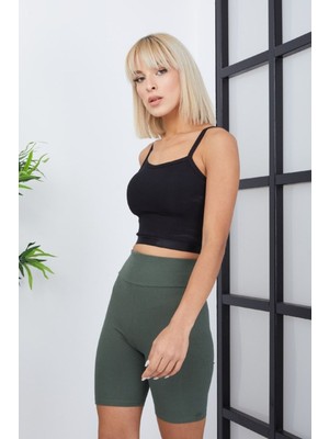 Ef Dk Crop Atlet - Askılı- Lastikli Bel-Göbek Detaylı -Fitilli Kumaş - Bluz