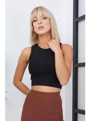 Ef Dk Crop- Atlet - Siyah Fitilli Kumaş- Göbek Detaylı - Örme Bluz