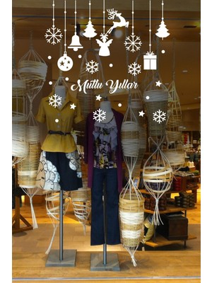 Mutlu Yıllar Yazısı Kar Taneleri ve Kutular Balonlar Vitrin Stickerları 70X70CM