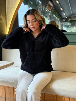 Gu Moda Kadın Uzun Kollu Önden Fermuarlı Cepli Peluş Sweat