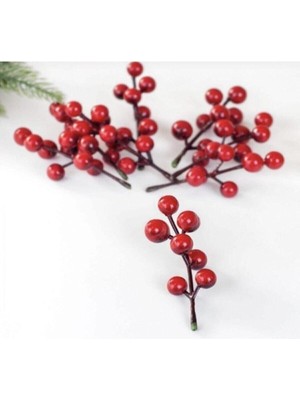 Kırmızı Yılbaşı Çiçeği Yapay Kokina Çiçeği Kiraz Dalı 5 Adet