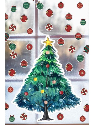 Yenı Yıl Yılbaşı Ağacı Sticker Cam Duvar Süsleme Çıkartma Seti