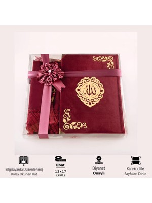 Hayrat Neşriyat Şal + Seccade + Tesbih + Kuran Hediye Seti (Çanta Boy, Şems Lafzatullah, Bordo)