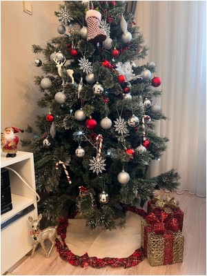 Yılbaşı 65 cm Noel Ağacı Örtüsü Keten Ekoseli Fırfırlı Etek Christmas Newyear