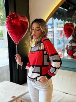 Veramall Kadın Uzun Kollu Bisiklet Yaka Renkli Blok Baskı Dalgıç Bluz