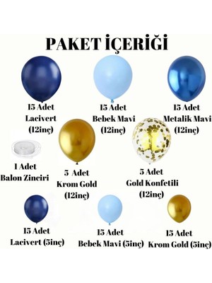 Konsept Sepeti 100 Adet Doğum Günü Balon Zincir Krom Gold Lacivert Bebek Mavi Metalik Mavi Parti Seti