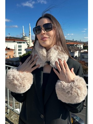 Kadın Kışlık Bej-Taş Lüks Şık Kolluk Mıknatıslı Boyunluk 2'li Set Takım