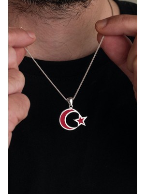 TMT Silver 25 mm Gümüş Kırmızı Ay Yıldız Bayrak Erkek Kolye