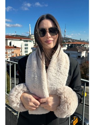 Kadın Kışlık Luxury Bej-Taş Kürk Kolluk ve Kürk Peluş Atkı 2'li Takım Set