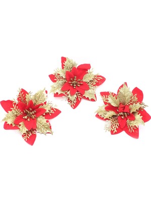 14CM 3 Adet Parlak Görünümlü ve Simlerle Kaplanmış Kırmızı ve Altın Renkli Yılbaşı Çiçeği