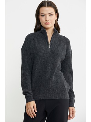 Yarım Balıkçı Yaka  Fermuarlı Yün Triko Kazak - Antrasit