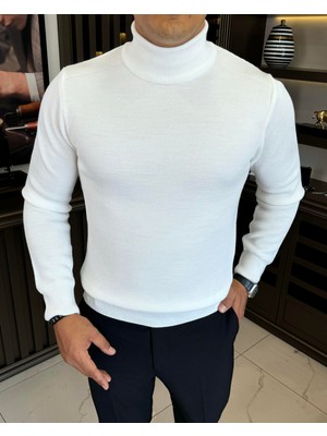 Italyan Stil Slim Fit Balıkçı Yaka Triko Erkek Kazak Ekru T13222