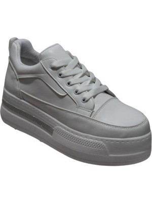 Yaz Kış Ayakkabı Yazkış Kadın Siyah Beyaz Cilt 5cm Kalın Taban Bağcıklı Tabanı Taşlı Sneaker Spor Ayakkabı