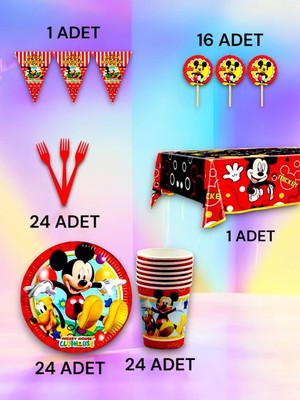 VibeHome 24 Kişilik Mickey Mouse Temalı Premium Set - Doğum Günü Parti ve Eğlenceli Etkinlikler