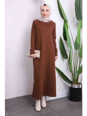 Kahverengi Merserize Soğuk İplik Triko Elbise
