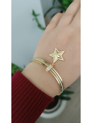 Çelik Kararma Yapmaz Charmlı Ortası  Zirkon Taşlı 3'lü Ajda Bilezik(İstediğiniz Charmı Sorular Bölümünden Belirtiniz.)