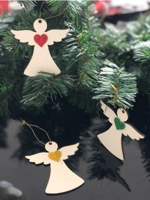 Mediterian Yılbaşı temalı ahşap melek süsleri, 6'lı set, doğal ve şık dekor, renk: beyaz