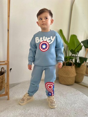 Sacro Kids Bluey Desenli Eşofman-Sweatshirt 3 Iplik Kışlık Şardonlu Erkek Çocuk Takım