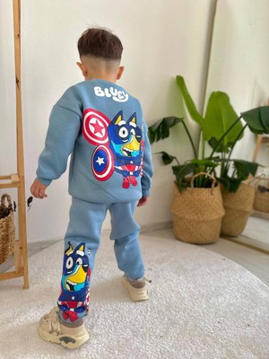 Sacro Kids Bluey Desenli Eşofman-Sweatshirt 3 Iplik Kışlık Şardonlu Erkek Çocuk Takım