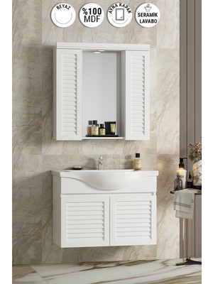 Lilyum 80 cm Beyaz Mdf Panjurlu Balon Kapak Seramik Lavabolu Asma Banyo Dolabı Takımı