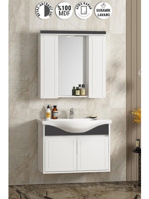 Lilyum 80 cm Beyaz-Antrasit Gri Mat Mdf PK-109 Balon Kapak Seramik Lavabolu Asma Banyo Dolabı Takımı