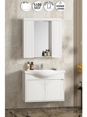 Lilyum 80 cm Beyaz Mdf PK-109 Balon Kapak Seramik Lavabolu Asma Banyo Dolabı Takımı