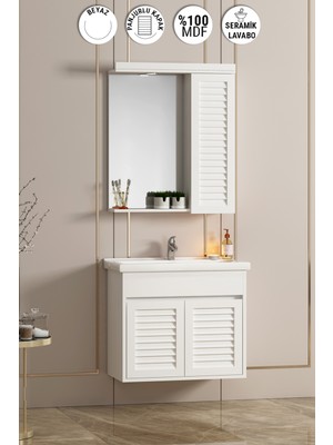 Çuha 55 cm Beyaz Mdf Panjurlu Balon Kapak Seramik Lavabolu Asma Banyo Dolabı Takımı