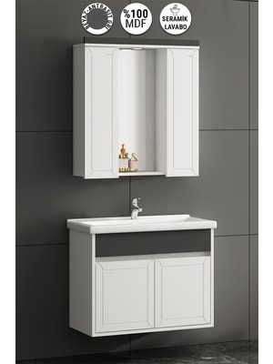 Çuha 80 cm Beyaz-Antrasit Gri Mdf PK-109 Balon Kapak Seramik Lavabolu Asma Banyo Dolabı Takımı