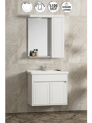 Çuha 65 cm Beyaz Mdf PK-109 Balon Kapak Seramik Lavabolu Asma Banyo Dolabı Takımı