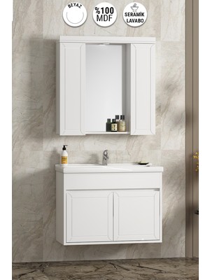 Çuha 80 cm Beyaz Mdf PK-109 Balon Kapak Seramik Lavabolu Asma Banyo Dolabı Takımı