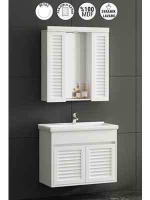 Çuha 80 cm Beyaz Mdf Panjurlu Balon Kapak Seramik Lavabolu Asma Banyo Dolabı Takımı
