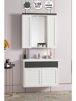 Çuha 80 cm Beyaz-Antrasit Gri Mdf Panjur Balon Kapak Seramik Lavabolu Asma Banyo Dolabı Takımı