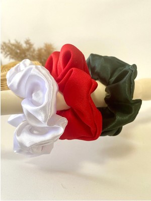 Toka Delisi Beyaz Kırmızı Koyu Yeşil 3lü Rahat ve Şık Scrunchie Saten Simit Toka, Yılbaşı Toka