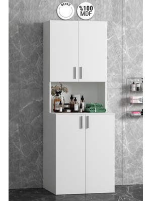 Kapaklı Çamaşır Makinesi Beyaz Mdf Banyo Dolabı Takımı