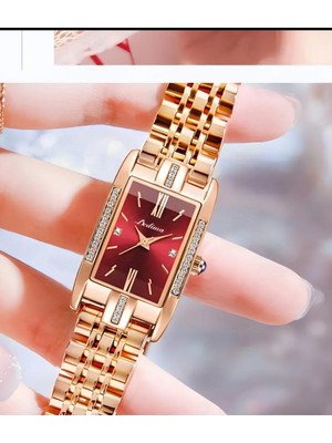 Lüks Taşlı Şık Dikdörtgen Moda Rose Kordon Red Kadran Kuvars Kol Saati