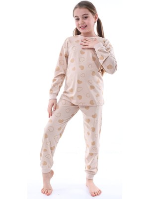 %100 Pamuk Penye Kumaş Kalp Desenli Uzun Kollu Kız Çocuk Pijama Takımı 3,4,5,6,7,8 Yaş