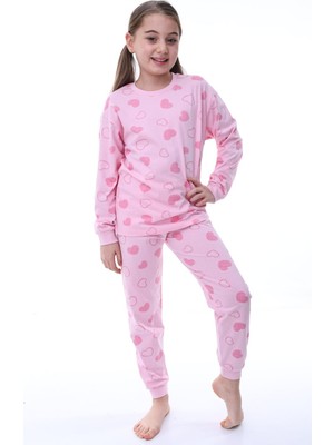 %100 Pamuk Penye Kumaş Kalp Desenli Uzun Kollu Kız Çocuk Pijama Takımı 3,4,5,6,7,8 Yaş