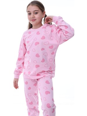 %100 Pamuk Penye Kumaş Kalp Desenli Uzun Kollu Kız Çocuk Pijama Takımı 3,4,5,6,7,8 Yaş