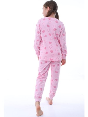 %100 Pamuk Penye Kumaş Kalp Desenli Uzun Kollu Kız Çocuk Pijama Takımı 3,4,5,6,7,8 Yaş