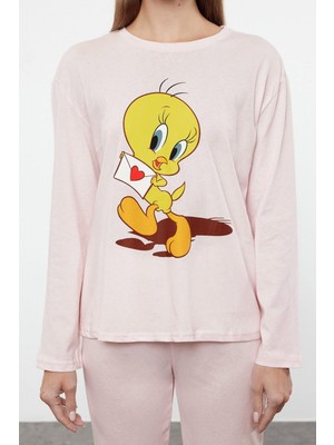 FRM Kadın Moda Şık Bisiklet Yaka Geniş Paça Uzun Kol Tweety  Pamuklu Örme Pijama Takımı