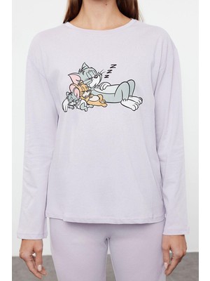 FRM Kadın Moda Şık Bisiklet Yaka Geniş Paça Uzun Kol Tom&jerry  Pamuklu Örme Pijama Takımı