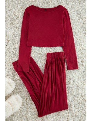 FRM Kadın Moda Şık Bisiklet Yaka Geniş Paça Uzun Kol Viskon Örme Pijama Takımı