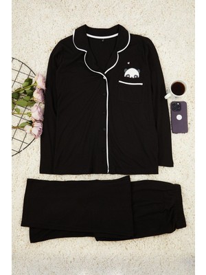 FRM Kadın Moda Şık Büyük Beden Gömlek Yaka Geniş Paça Uzun Kol Panda Baskılı Örme Pijama Takımı