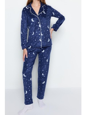 FRM Kadın Moda Şık Ceket Yaka Boru Paça Uzun Kol Ay Desenli Polar Kışlık Örme Pijama Takımı