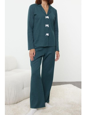FRM Kadın Moda Şık Gömlek Yaka Boru Paça Uzun Kol Kurdele Fiyonklu Waffle Kumaş Örme Pijama Takımı