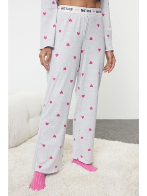 FRM Kadın Moda Şık Bisiklet Yaka Geniş Paça Uzun Kol Kalpli Baskılı Lastikli Örme Pijama Takımı