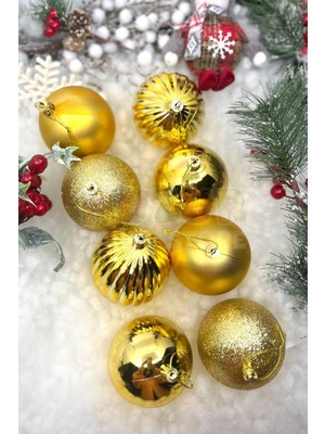 8'li Gold Rengi Cici Top 8 cm Simli Mat Parlak Kabartmalı Altın Sarısı Yılbaşı Çam Ağacı Süsü