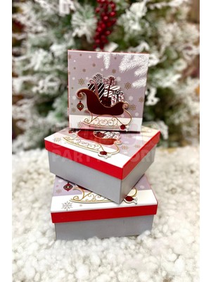 Lüks Yılbaşı Hediyelik Hediye Kutusu 3 Lü Set Yaldızlı Parlak Kabartmalı Hediye Dolu Kızak Baskılı