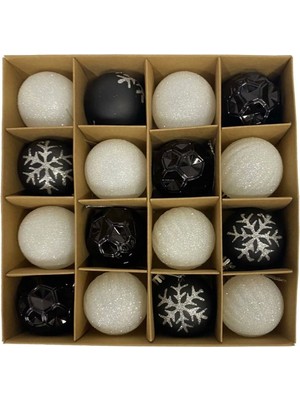 Mediterian Siyah-Beyaz Kar Desenli Yılbaşı Topu, 6 cm, 16'lı Paket, TR Menşei